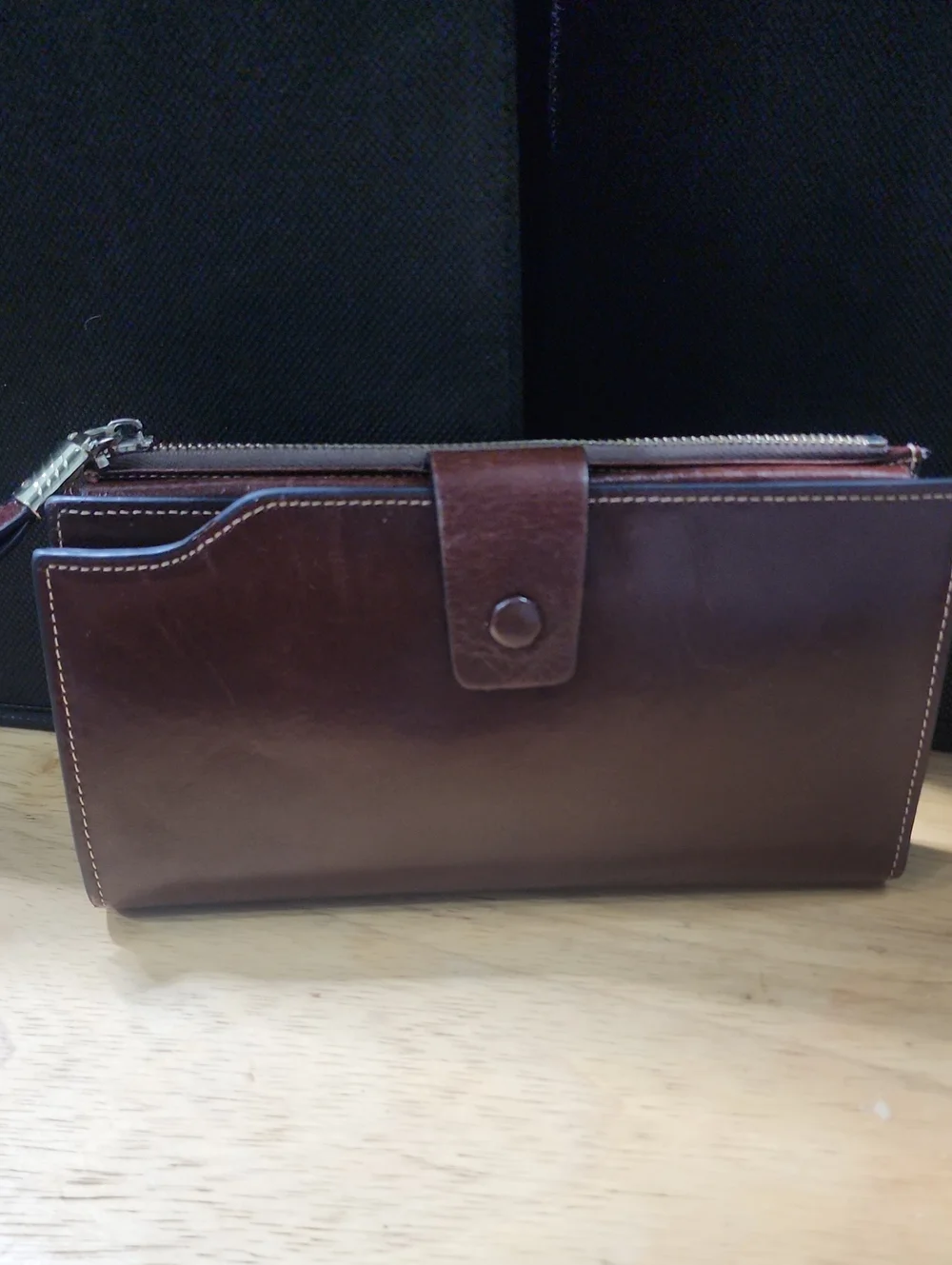 Brown Leather Travel Wallet with Snap Closure